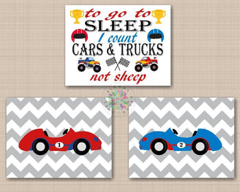 Race Cars Nursery Wall Art Kids Bedroom Decor Playroom Wall Art Red Blue Gray To Go To Sleep I Count Not Sheep C728-Sweet Blooms Decor