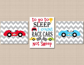 Race Cars Nursery Wall Art Red Blue Gray Chevron To Go To Sleep I Count Transportation Boy Bedroom Decor Shower Gift C249-Sweet Blooms Decor
