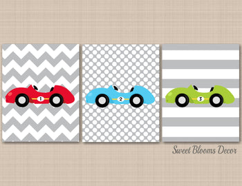 Race Cars Nursery Wall Art Red Blue Green Chevron Stripes Transportation Baby Boy Bedroom Decor Baby Hsower Gift C354-Sweet Blooms Decor