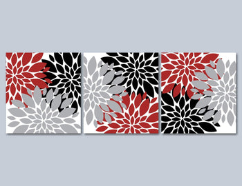 Red Gray Floral Wall Art,Maroon Black Gray Floral Wall Art,Red Black Floral Decor,Red Black Bathroom Decor Custom Colors