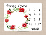 Red Poppy Flower Milestone Blanket, Baby Girl Floral Monthly Blanket, Gowth Tracker, Keepsake May Newborn Baby Shower Gift  B1218