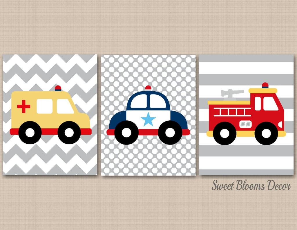 Rescue Vehicles Nursery Wall Art Decor Fire Truck Police Car Ambulance Transportation Rescue Bots Baby Shower Gift C25.-Sweet Blooms Decor