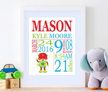 Robot Birth Print,Robot Birth Announcement,Robot Nursery Decor,Robot Kids Room Decor,Robot ,Robots Birthday- PRINT OR CANVAS-Sweet Blooms Decor