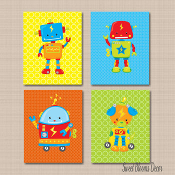 Robots Kids Room Wall Art Nursery Decor Yellow Green Orange Blue Space Robots Dcorations C251-Sweet Blooms Decor