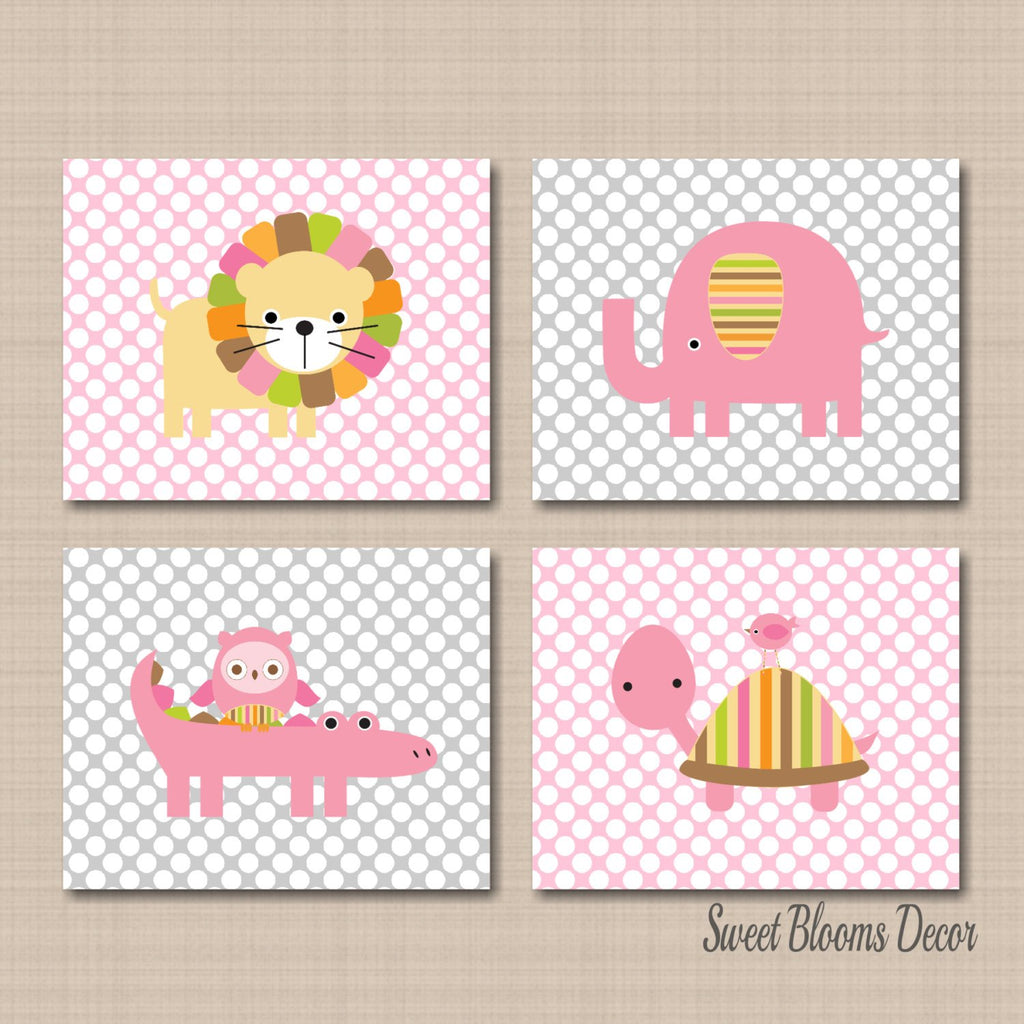 Safari Aniamsl Girl Nursery Decor Wall Art Pink Gray Polkadots Baby Girl Lion Elephant Turtle Owl Baby Shower Gift C167-Sweet Blooms Decor