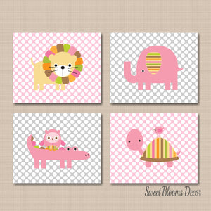 Safari Aniamsl Girl Nursery Decor Wall Art Pink Gray Polkadots Baby Girl Lion Elephant Turtle Owl Baby Shower Gift C167-Sweet Blooms Decor