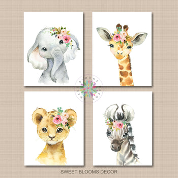 Safari Animals Girl Nursery Wall Art Cloud Island Blush Pink Florals
