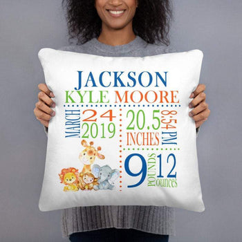 Safari Animals Birth Announcement Pillow Personalized Birth Stats Throw Pillow Baby Shower Gift Baby Boy Jungle Nursery Decor Bedding P188-Sweet Blooms Decor