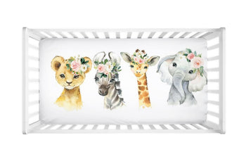 Safari Animals Floral Crib Sheet Blush Coral Pink Flowers C123