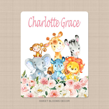 Safari Animals Floral Girl Name Blanket Blush Pink Flowers B1247