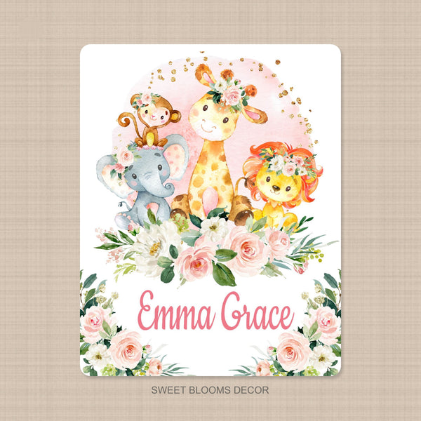 Safari Animals Floral Jungle Baby Girl Name Blanket Blush Pink Gold Fl ...