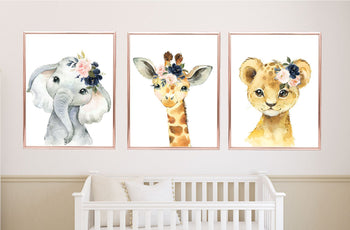 Safari Animals Floral Nursery Wall Art Watercolor Blush Pink Navy Blue Flowers C917