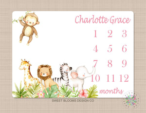 Safari Animals Girl Milestone Blanket Monthly Growth Tracker Personalized Pink Flowers Jungle Girl Animals Newborn Baby Shower Gift B684