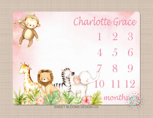 Safari Animals Girl Milestone Blanket Monthly Growth Tracker Personalized Pink Flowers Jungle Girl Animals Newborn Baby Shower Gift B693-Sweet Blooms Decor