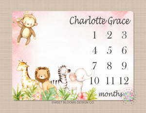 Safari Animals Girl Milestone Blanket Monthly Growth Tracker Personalized Pink Flowers Jungle Girl Animals Newborn Baby Shower Gift B693