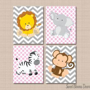 Safari Animals Girl Nursery Decor Nursery Wall Art Pink Gray Chevron Polkadots Lion Monkey Elephant Zebra Shower Gift 409-Sweet Blooms Decor