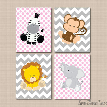 Safari Animals Girl Nursery Decor Nursery Wall Art Pink Gray Chevron Polkadots Lion Monkey Elephant Zebra Shower Gift C413-Sweet Blooms Decor