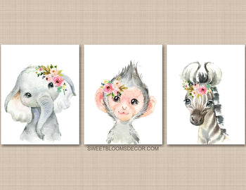 Safari Animals Girl Nursery Wall Art Elephant Monkey Zebra C821