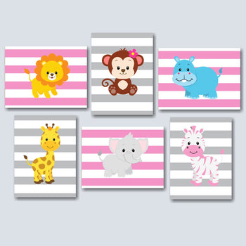 Safari Animals Girl Nursery Wall Art Jungle Animals Nursery Decor Pink Gray Stripes ChevronFloral Flowers C259-Sweet Blooms Decor