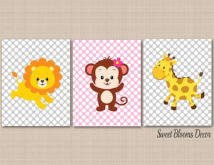 Safari Animals Girl Nursery Wall Art Pink Gray Polka Dots Floral Flowers Girl Bedroom Decor Polkadots Baby Shower Gift C268-Sweet Blooms Decor