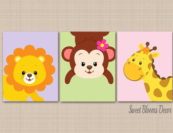 Safari Animals Girl Nursery Wall Art Pink Lavender Green BAby Gilr Bedroom Decor Floral Fowers Baby Shower Gift C260-Sweet Blooms Decor