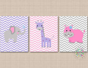 Safari Animals Girl Nursery Wall Art Pink Purple Gray Chevron Animals Elephant Giraffe Hippo Baby Baby Girl UNFRAMED 673-Sweet Blooms Decor