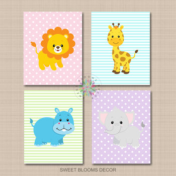 Safari Animals Girl Nursery Wall Art Pink Purple Teal Green Pastel Color Polka Dots Stripes Lion Elephant Giraffe Hipo 863-Sweet Blooms Decor