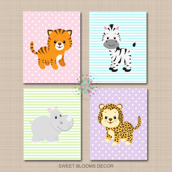 Safari Animals Girl Nursery Wall Art Pink Purple Teal Green Pastel Color Polka Dots Stripes Tiger Zebra Cheetah Rhino 863-Sweet Blooms Decor