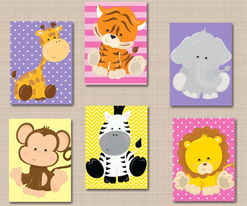 Safari Animals Girl Nursery Wall Art Pink Purple Yellow Polkadots Stripes Elephant Lion Monkey Zebra Giraffe Tiger Baby-Sweet Blooms Decor