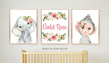 Safari Animals Girl Nursery Wall Art Watercolor Blush Pink Coral Floral Flowers Modern Baby Name Monogram Room Decor C856-Sweet Blooms Decor
