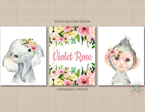 Safari Animals Girl Nursery Wall Art Watercolor Blush Pink Coral Floral Flowers Modern Baby Name Monogram Room Decor C856-Sweet Blooms Decor
