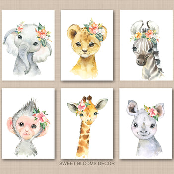 Safari Animals Girl Nursery Wall Art Watercolor Floral Tropical Flowers Modern Shower Gift Baby Decor Orange Yellow C858-Sweet Blooms Decor