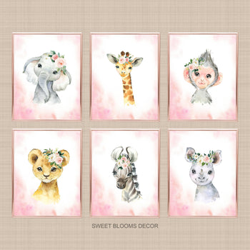 Safari Animals Girl Nursery Wall Art Watercolor Pink Coral Blush Floral Modern Boho Flowers Gift Baby Room Decor C8117-Sweet Blooms Decor
