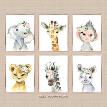 Safari Animals Girl Nursery Wall Art Watercolor Pink Coral Blush Floral Modern Boho Flowers Gift Baby Room Decor C818-Sweet Blooms Decor