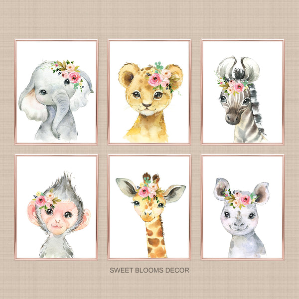 Safari Animals Girl Nursery Wall Art Watercolor Pink Coral Mint Floral ...