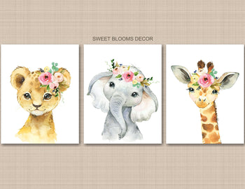 Safari Animals Girl Nursery Wall Art Watercolor Pink Coral Mint Floral Modern Flowers Gift Room Decor Cloud Island C857-Sweet Blooms Decor