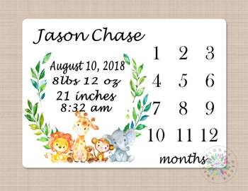 Safari Animals Milestone Blanket Monthly Growth Tracker Newborn Baby Boy Shower Gift Birth Announcement Birth Stats Laurel Wreath  B450