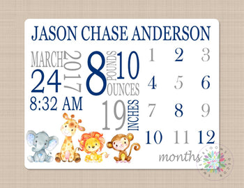 Safari Animals Milestone Blanket Monthly Growth Tracker Personalized Birth Announcement Stats Blanket Jungle Animals Baby Shower Gift B267