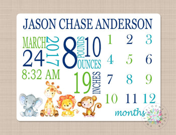 Safari Animals Milestone Blanket Monthly Growth Tracker Personalized Birth Announcement Stats Blanket Jungle Animals Baby Shower Gift B268
