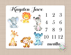 Safari Animals Milestone Blanket Monthly Growth Tracker Personalized Monogram Blanket Jungle Boy Girl Animals Newborn Baby Shower Gift B544