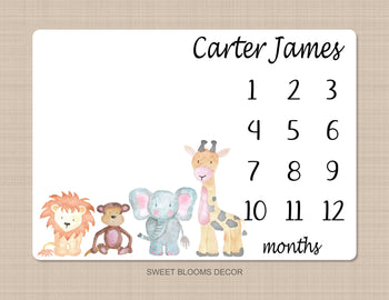 Safari Animals Milestone Blanket Monthly Growth Tracker Personalized Watercolor Jungle Boy Girl Animals Newborn Baby Shower Gift B1132