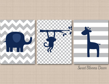 Safari Animals Nursery Decor Navy Blue Gray Monkey Elephant Giraffe Chevron Stripes Polkadots Modern Baby Room Decor C487-Sweet Blooms Decor