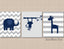 Safari Animals Nursery Decor Navy Blue Gray Monkey Elephant Giraffe Chevron Stripes Polkadots Modern Baby Room Decor   C487