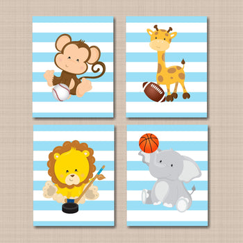Safari Animals Nursery Decor Sports Light Blue Stripes Animals Boy Nursery Wall Art Future All Star Hockey Football C709-Sweet Blooms Decor