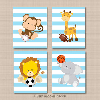 Safari Animals Nursery Decor Sports Light Blue Stripes Animals Boy Nursery Wall Art Future All Star Soocer Football C709-Sweet Blooms Decor