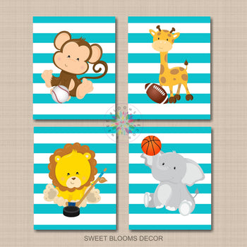 Safari Animals Nursery Decor Sports Teal Blue Stripes Animals Boy Nursery Wall Art Future All Star Hockey Football C849-Sweet Blooms Decor