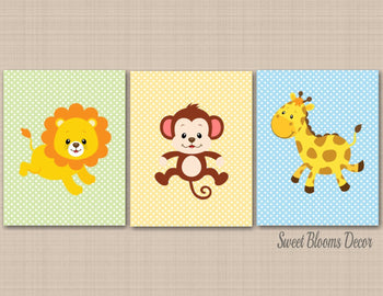 Safari Animals Nursery Decor Wall Art Jungle Girl Boy Neutral Pastel Polkadots Monkey Lion Giraffe Nursery Decor C265-Sweet Blooms Decor