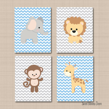 Safari Animals Nursery Decor Wall Art Light Blue Gray Chevron Lion Elephant Monkey Giraffe Baby Boy Bedroom Decor C495-Sweet Blooms Decor
