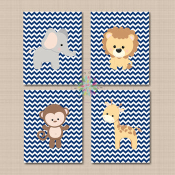 Safari Animals Nursery Decor Wall Art Navy Blue Chevron Baby Boy Bedroom Decor Elephant Lipn Money Giraffe Baby Shower C679-Sweet Blooms Decor