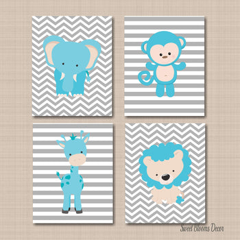Safari Animals Nursery Wall Art Blue Gray Chevron Stripes Lion Monkey Giraffe Elephant Baby Boy Bedroom Decor Baby C511-Sweet Blooms Decor